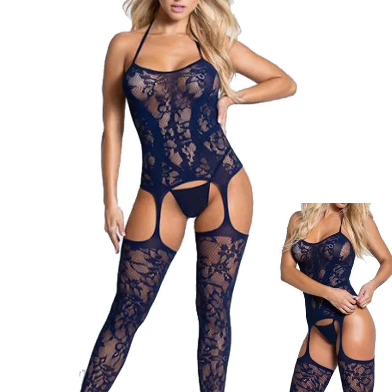 Mesh Tights Hosiery Sexy Fishnet Body Stockings With Garters Set