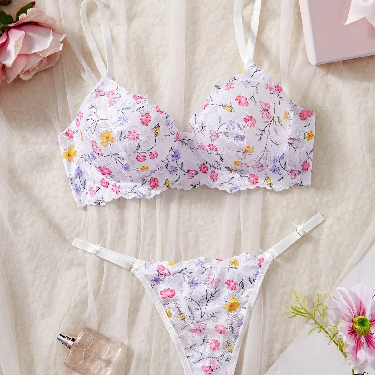 sexy lingerie female lace floral playful bra with briefssuit cute pure desire see-through thong erotic Underwear