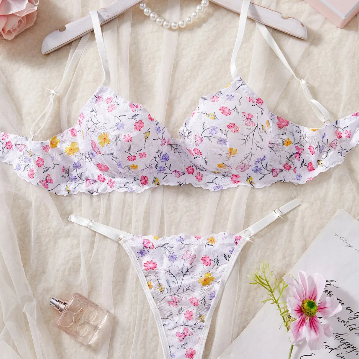 sexy lingerie female lace floral playful bra with briefssuit cute pure desire see-through thong erotic Underwear
