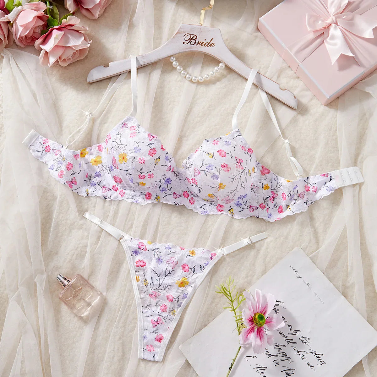 sexy lingerie female lace floral playful bra with briefssuit cute pure desire see-through thong erotic Underwear