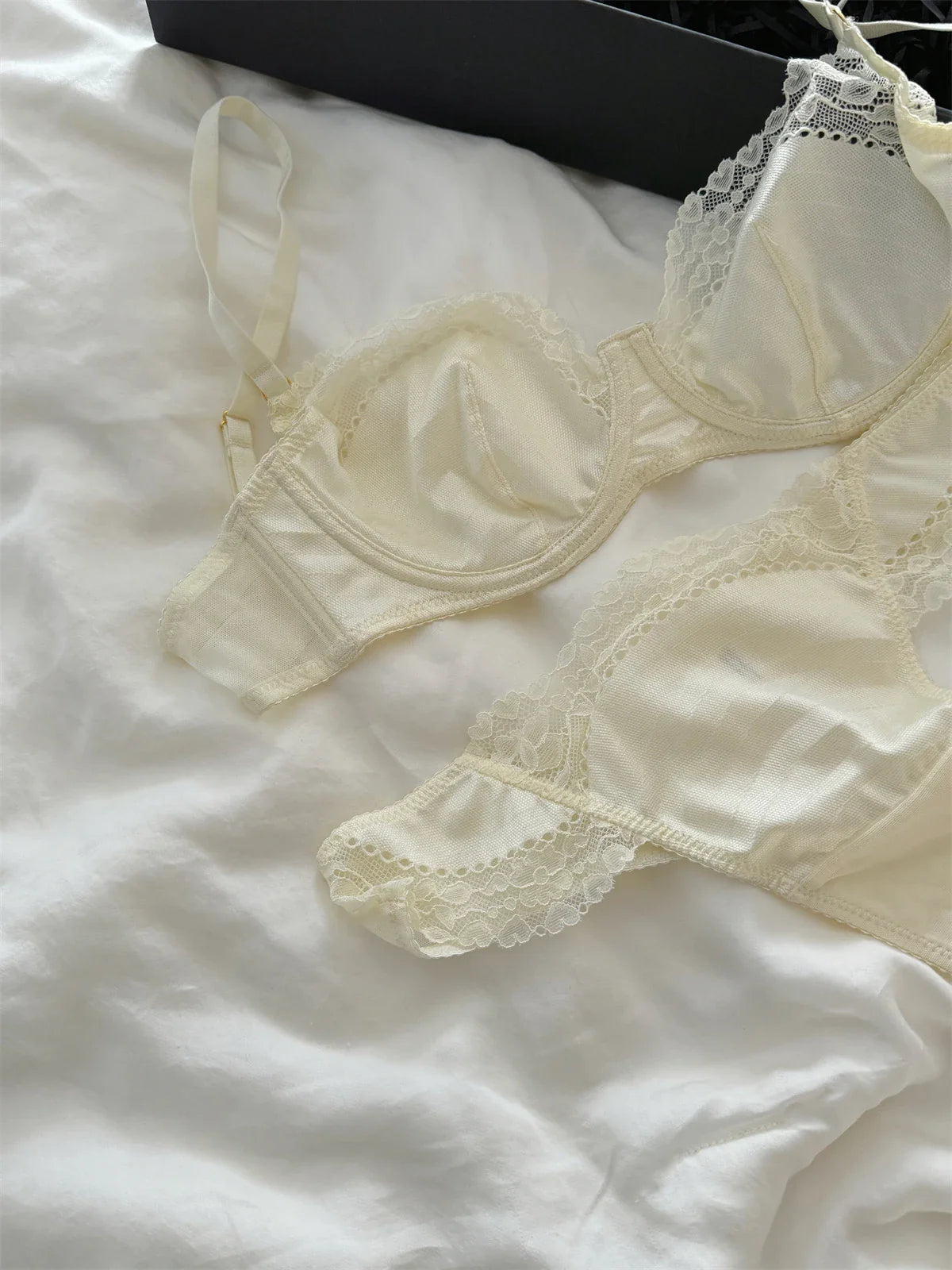 Niche satin lace sexy thin section lingerie breifs suit women up support show small gathered bra Set