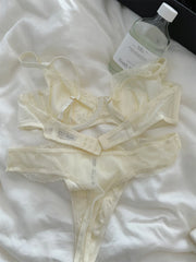 Niche satin lace sexy thin section lingerie breifs suit women up support show small gathered bra Set
