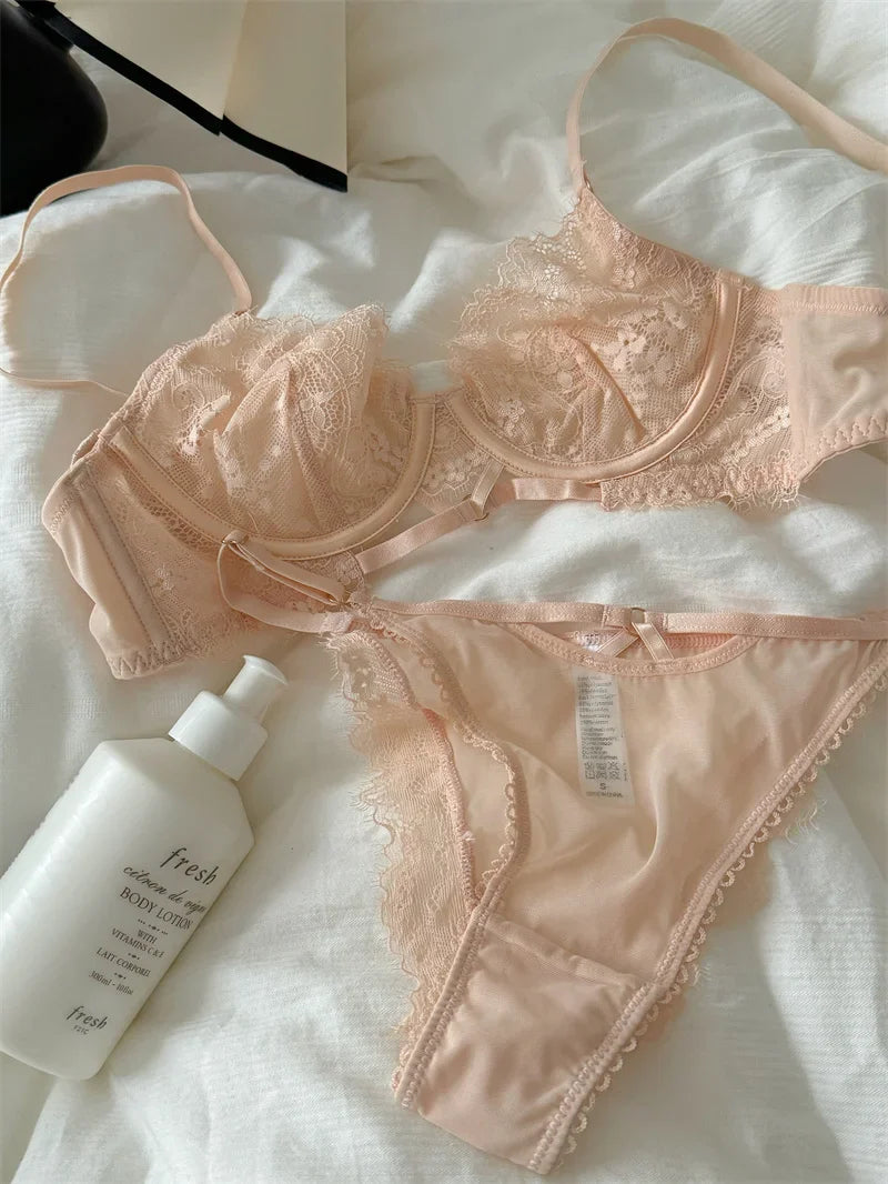 Niche thin lace sexy lingerie breifs suit women large size push up top support bra Set