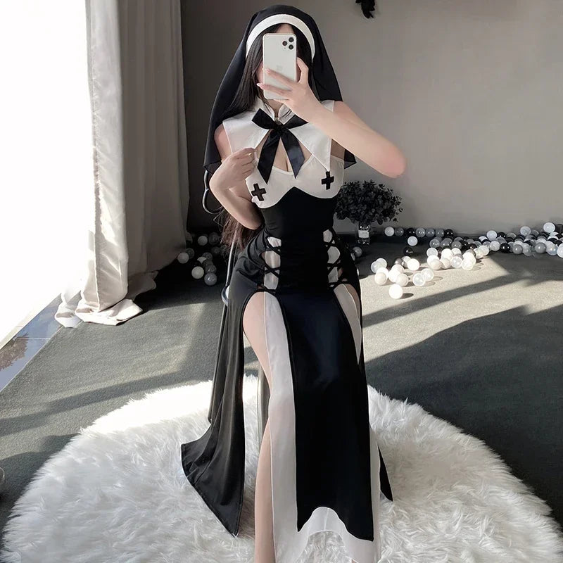 Nun Cosplay Women's Sexy Lingerie Kawaii Black Backless Long Dress