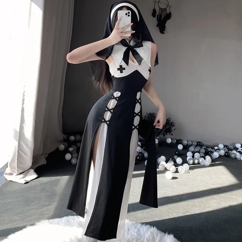 Nun Cosplay Women's Sexy Lingerie Kawaii Black Backless Long Dress