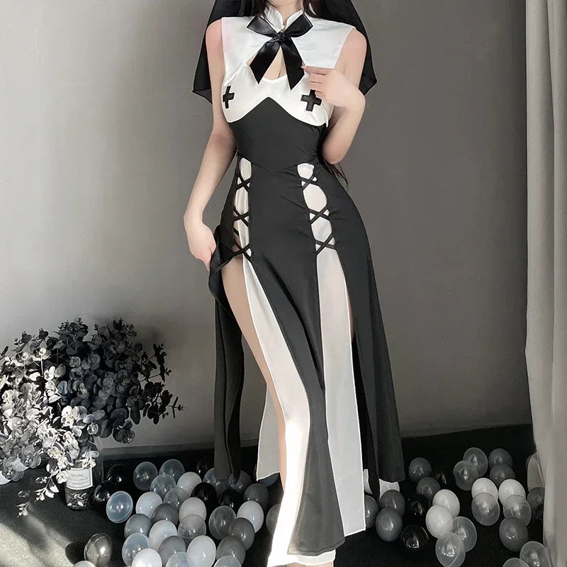 Nun Cosplay Women's Sexy Lingerie Kawaii Black Backless Long Dress