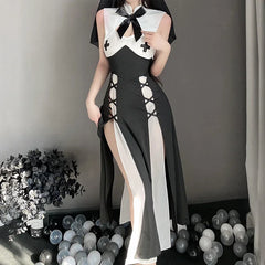 Nun Cosplay Women's Sexy Lingerie Kawaii Black Backless Long Dress