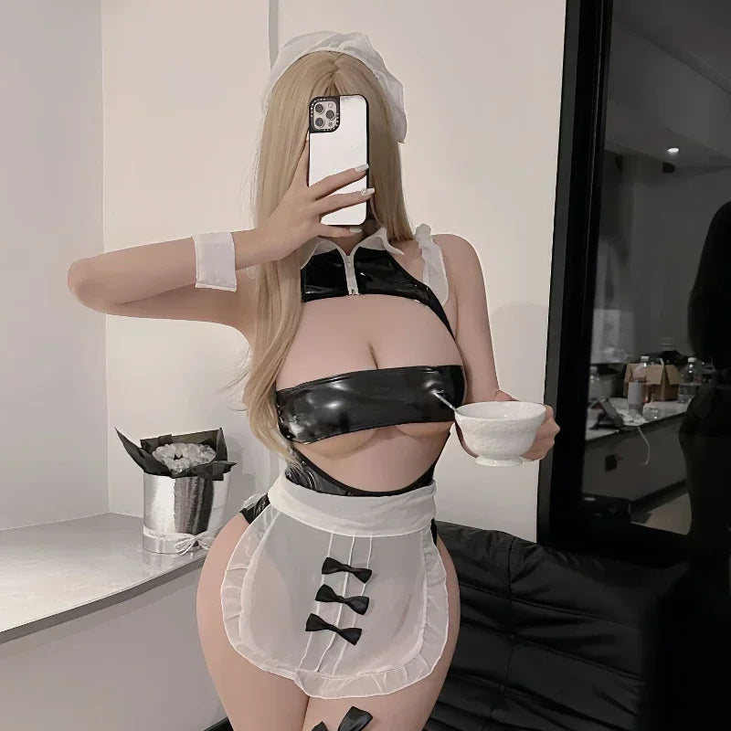 PU Latex Leather Bondage Hollow Out Bra Miniskirt Set