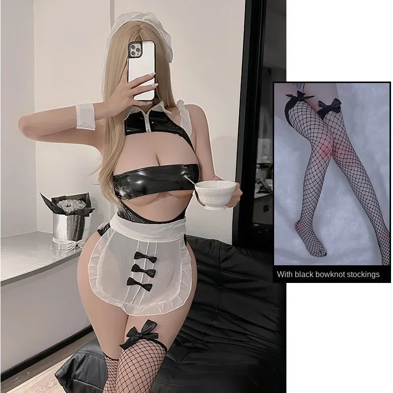 PU Latex Leather Bondage Hollow Out Bra Miniskirt Set