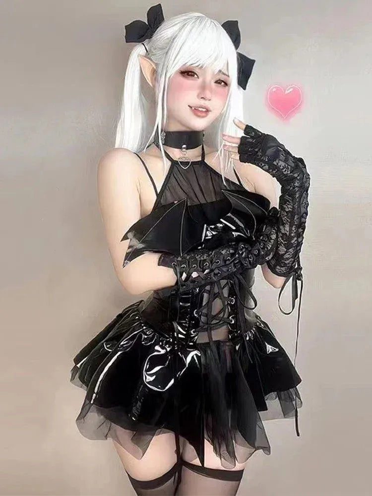 PU Latex Leather Halter Neck Straps Bat Devil Perspective Short Mini Dress