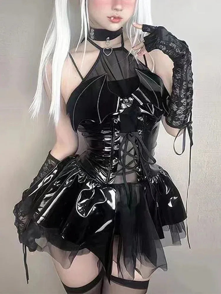 PU Latex Leather Halter Neck Straps Bat Devil Perspective Short Mini Dress