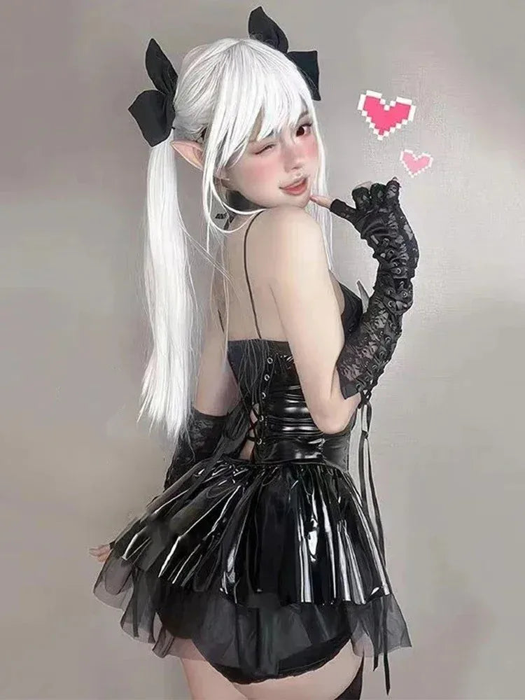 PU Latex Leather Halter Neck Straps Bat Devil Perspective Short Mini Dress