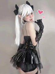 PU Latex Leather Halter Neck Straps Bat Devil Perspective Short Mini Dress