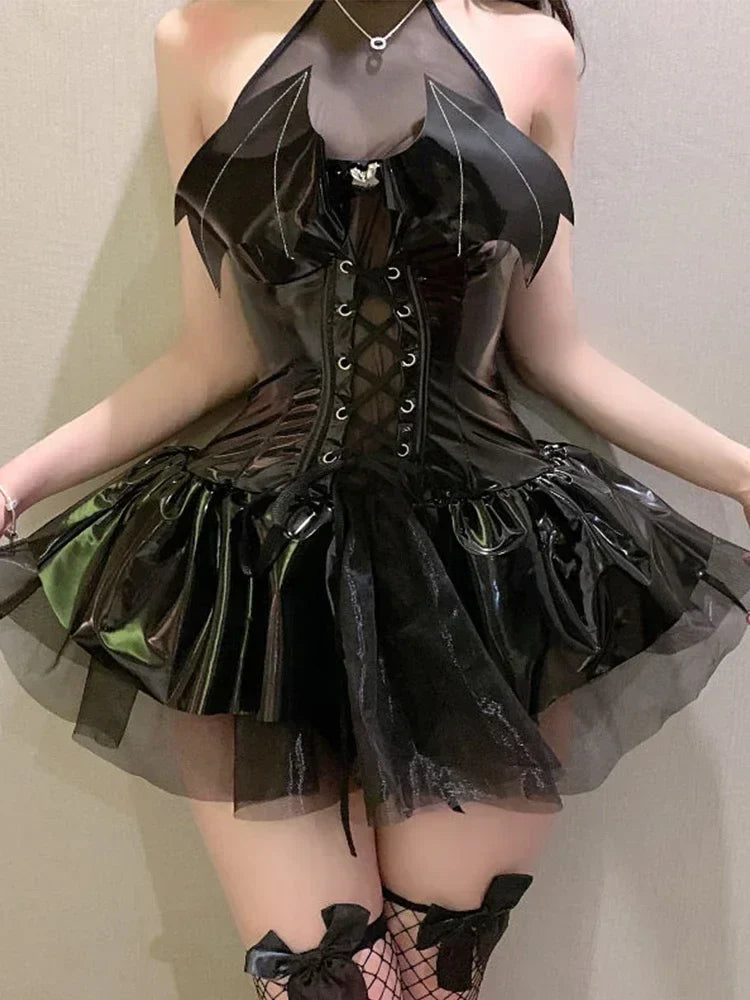PU Latex Leather Halter Neck Straps Bat Devil Perspective Short Mini Dress