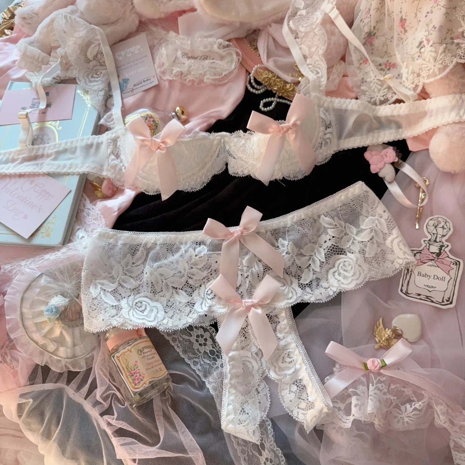 Pink Bow Quarter Cup Plunge Bra Set