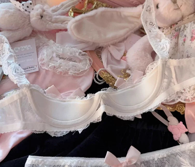 Pink Bow Quarter Cup Plunge Bra Set