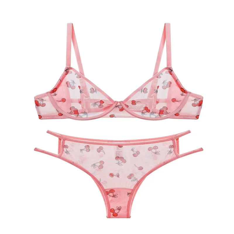 Pink Cherry Lace Bras Set