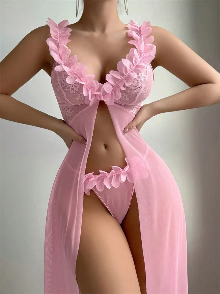 Pink Floral Sexy Lingerie Dress