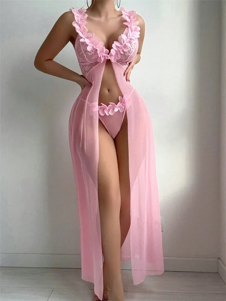 Pink Floral Sexy Lingerie Dress