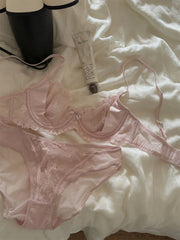 Pink Lingerie Push Up Underwire Bra with Panty Suit Embroidered Lace Thin Large Breasted Underwear