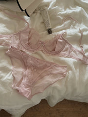 Pink Lingerie Push Up Underwire Bra with Panty Suit Embroidered Lace Thin Large Breasted Underwear