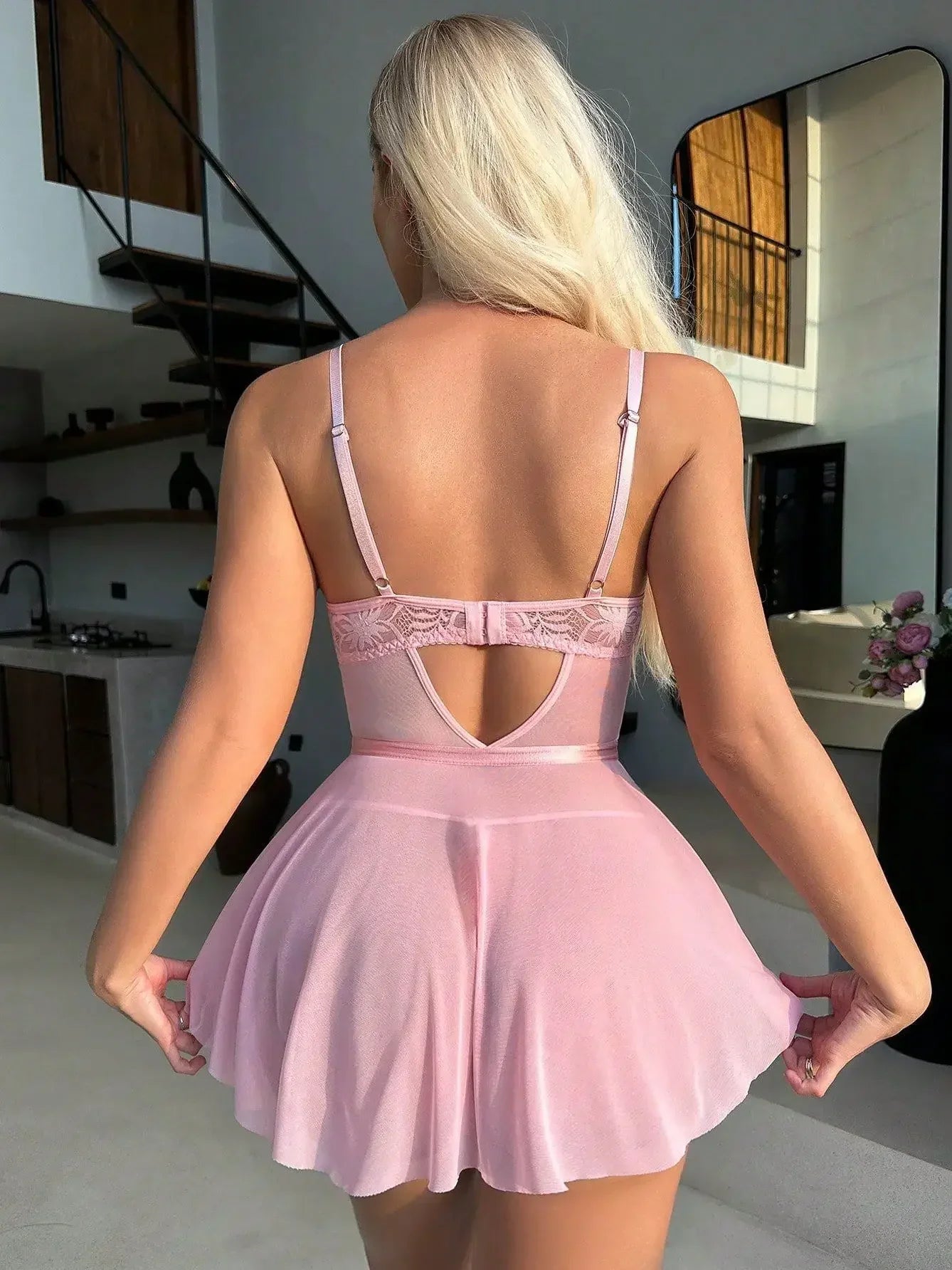 Pink Mesh Lace NightDress