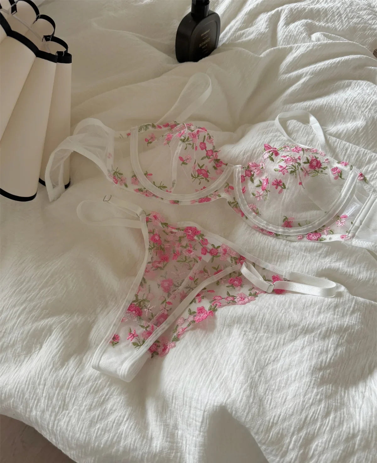 Pink floral embroidered bra sweet lingerie Set