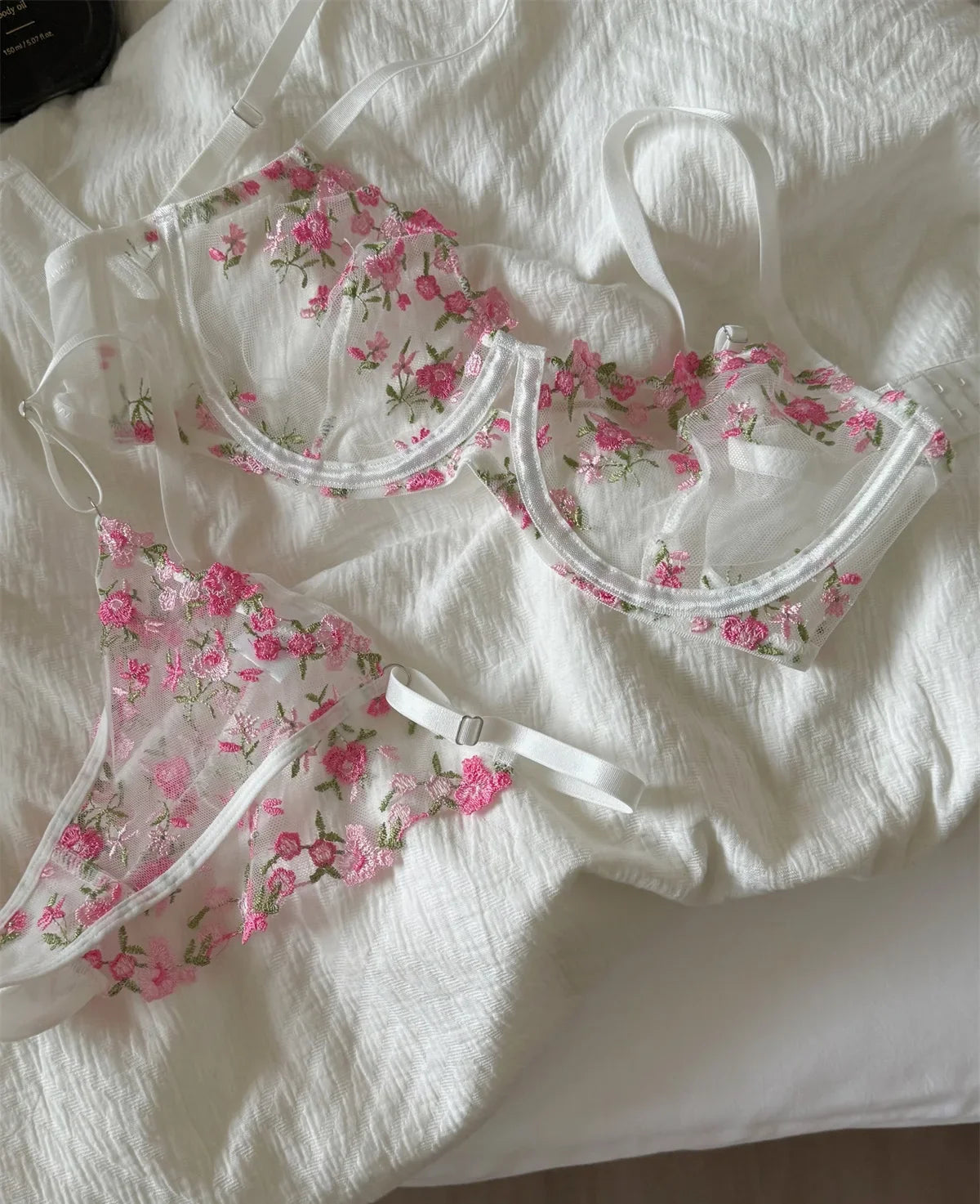 Pink floral embroidered bra sweet lingerie Set