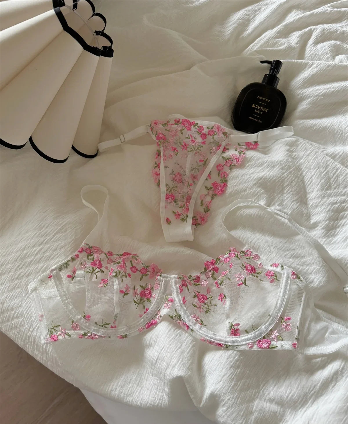 Pink floral embroidered bra sweet lingerie Set