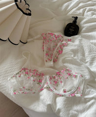 Pink floral embroidered bra sweet lingerie Set