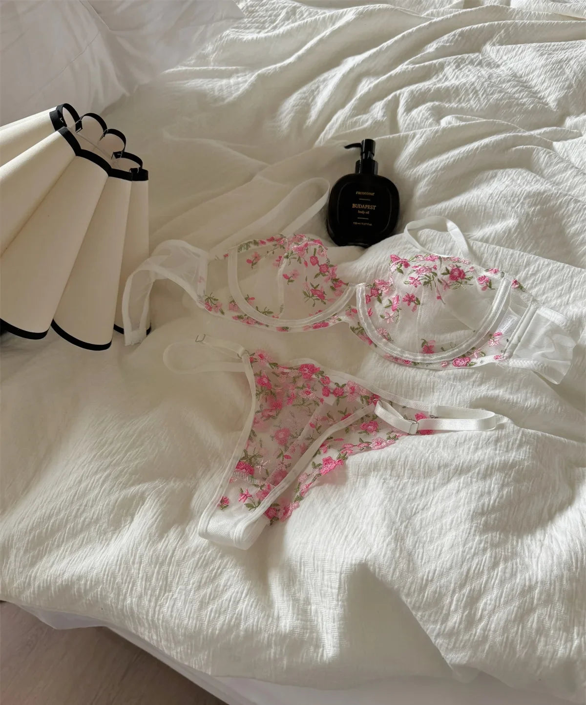 Pink floral embroidered bra sweet lingerie Set