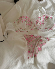 Pink floral embroidered bra sweet lingerie Set