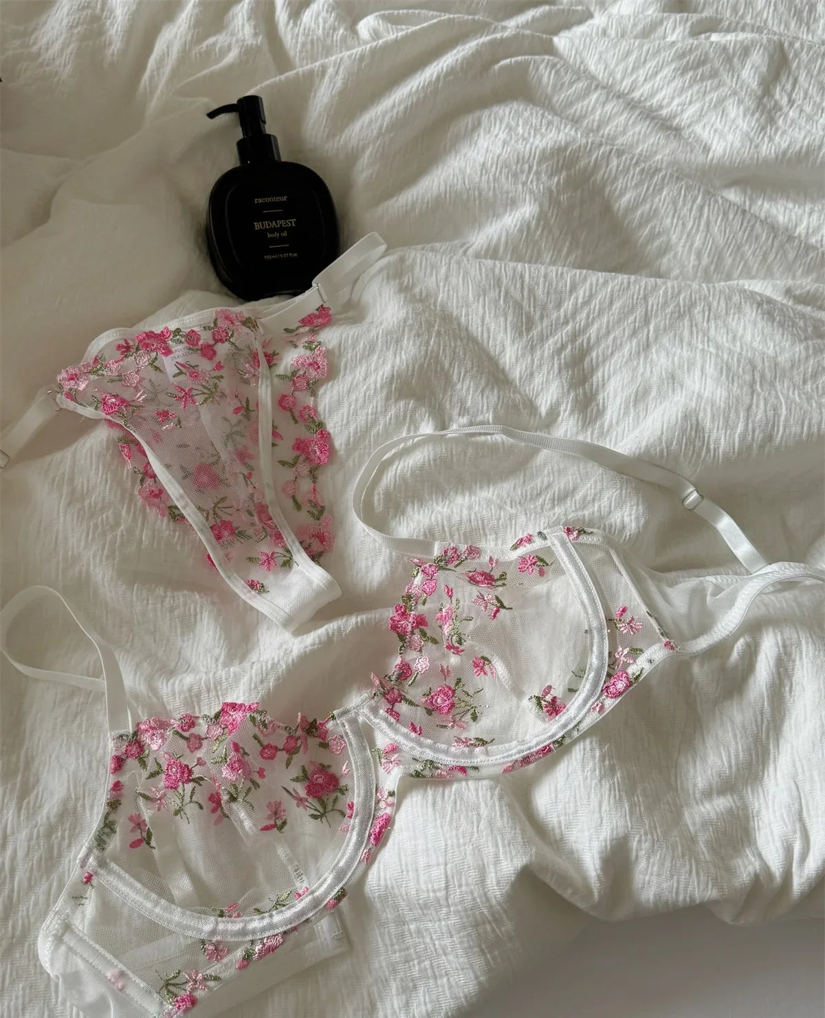 Pink floral embroidered bra sweet lingerie Set