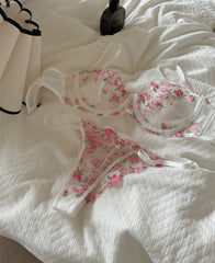 Pink floral embroidered bra sweet lingerie Set