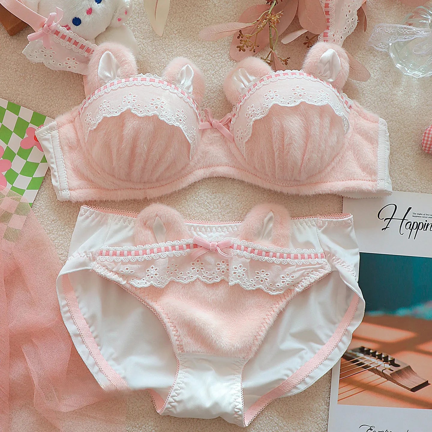 Plush Lingerie Winter Cute Cat Bra Set