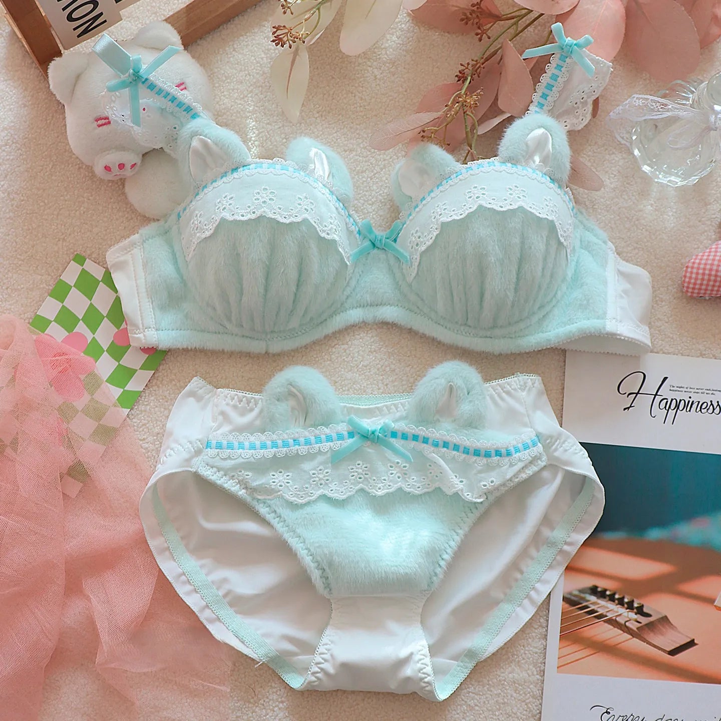 Plush Lingerie Winter Cute Cat Bra Set