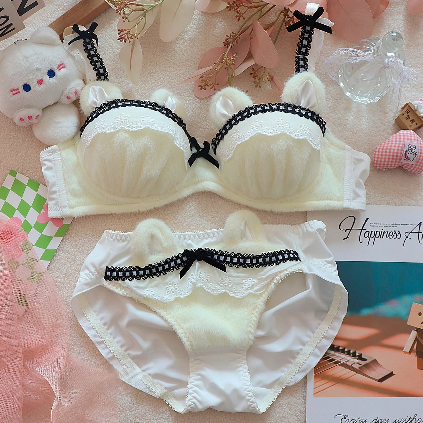 Plush Lingerie Winter Cute Cat Bra Set