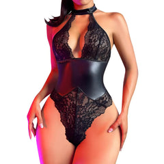 Porn Suit Women Sexy Lingerie Black PU Latex Leather Halter Lace Backless Bodysuit Underwear