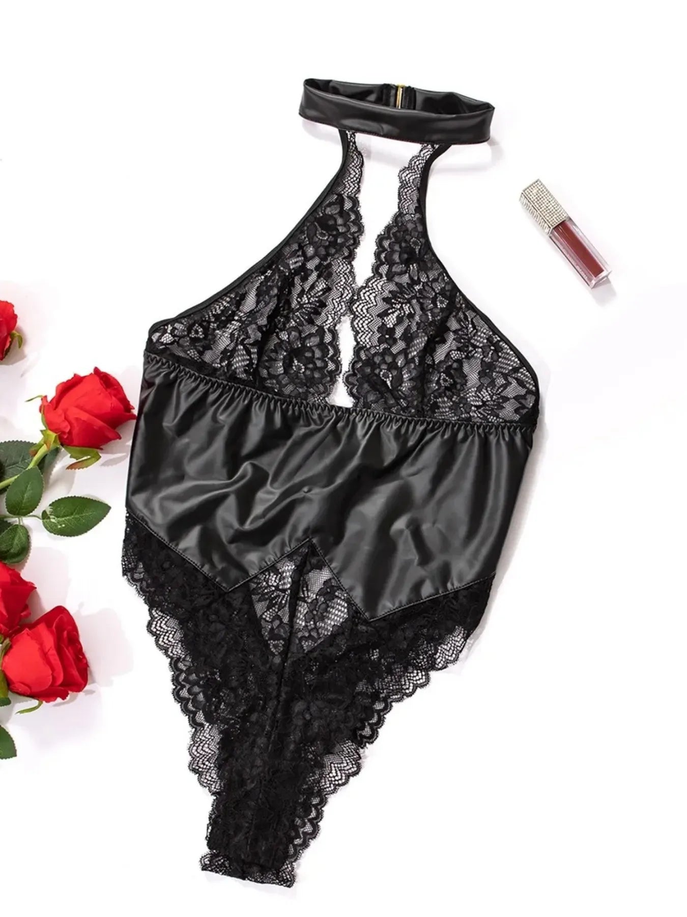 Porn Suit Women Sexy Lingerie Black PU Latex Leather Halter Lace Backless Bodysuit Underwear