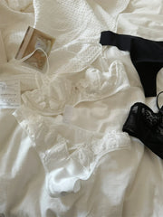 Pure white three-piece lingerie with briefs ultra-thin lace flower embroidery gathered Underwear