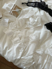 Pure white three-piece lingerie with briefs ultra-thin lace flower embroidery gathered Underwear