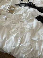Pure white three-piece lingerie with briefs ultra-thin lace flower embroidery gathered Underwear