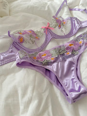 Purple flowers lingerie breifs suit niche thin lace sexy upturned bra Set