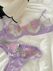 Purple flowers lingerie breifs suit niche thin lace sexy upturned bra Set