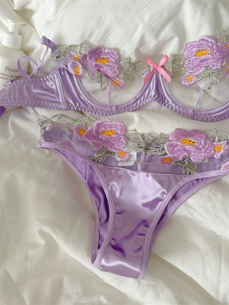 Purple flowers lingerie breifs suit niche thin lace sexy upturned bra Set