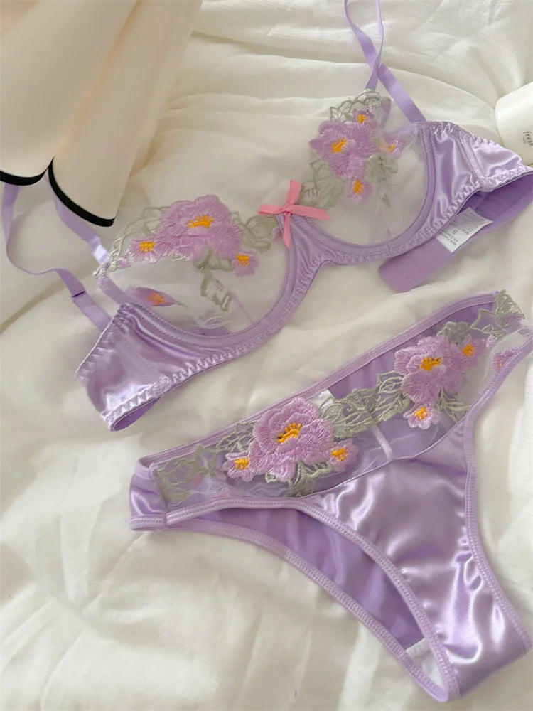 Purple flowers lingerie breifs suit niche thin lace sexy upturned bra Set