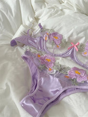 Purple flowers lingerie breifs suit niche thin lace sexy upturned bra Set