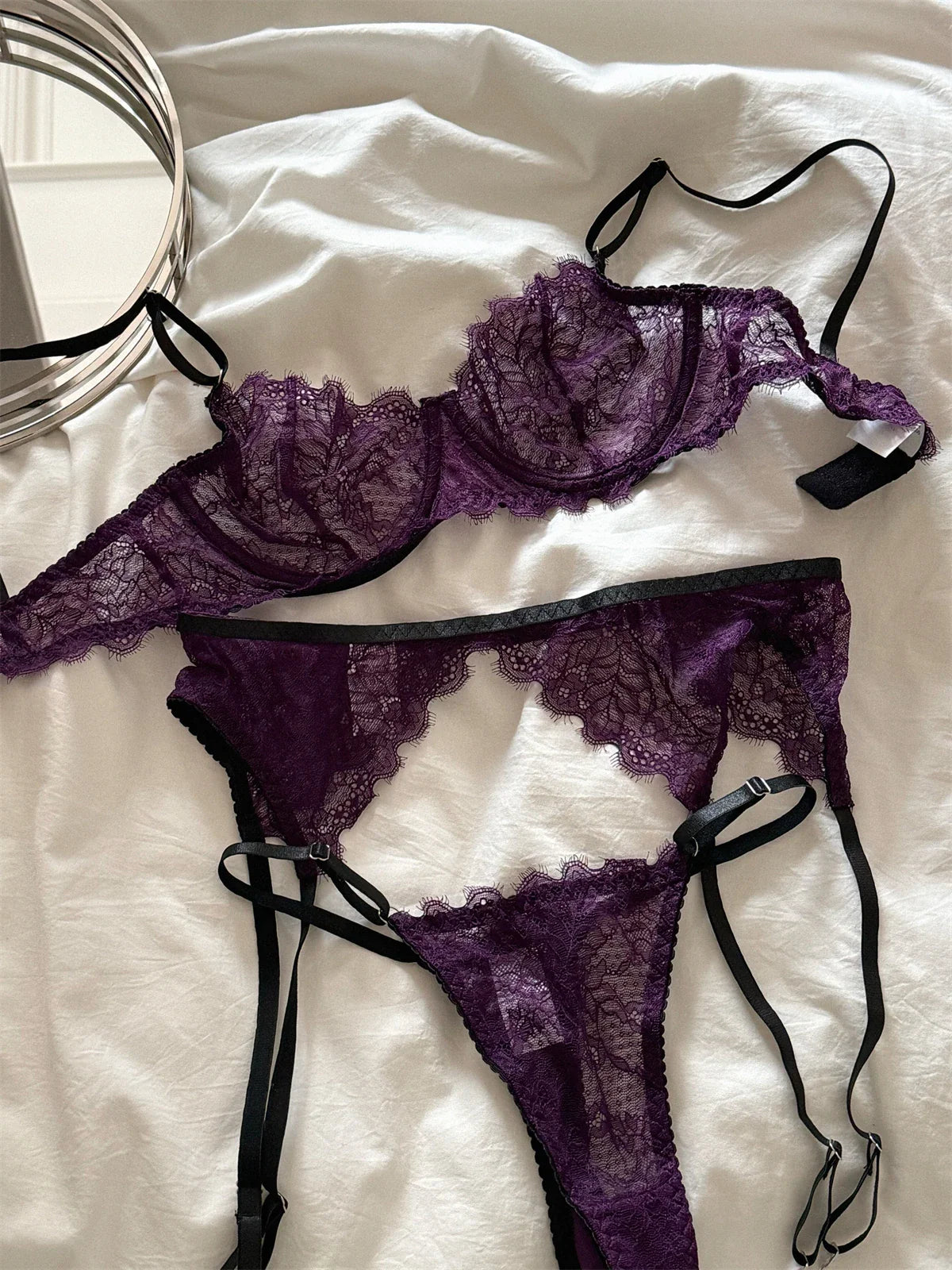 Purple romantic lingerie sexy gathered thin lace women Underwear
