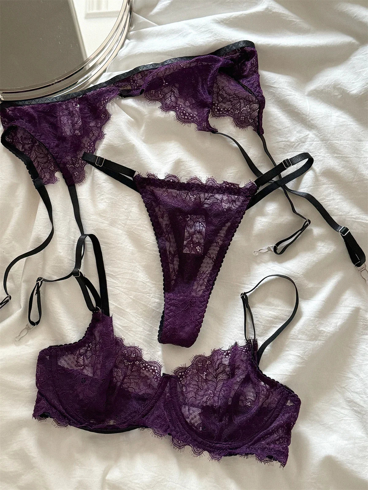 Purple romantic lingerie sexy gathered thin lace women Underwear