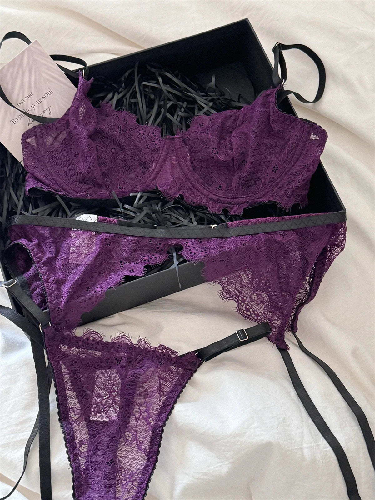 Purple romantic lingerie sexy gathered thin lace women Underwear